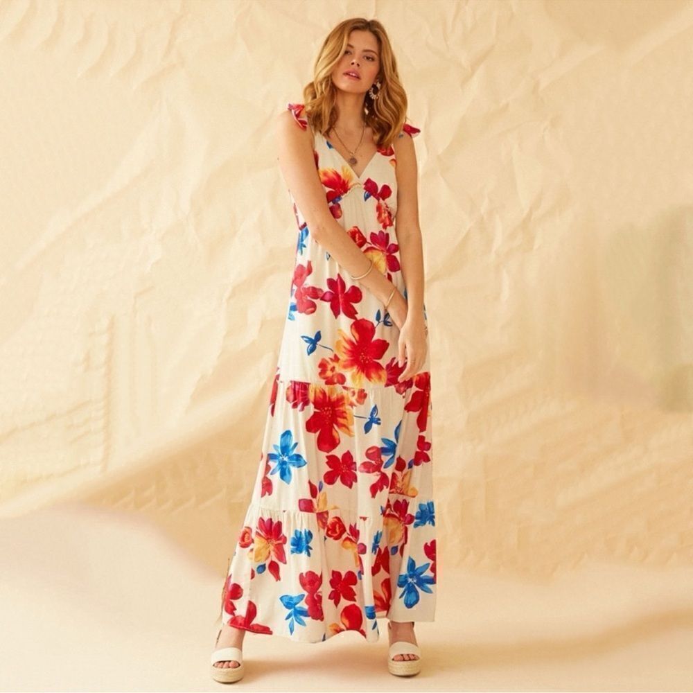 Anthropologie Skies Are Blue Floral V Neck Tie Strap Maxi Dress Size L - Picture 11 of 16